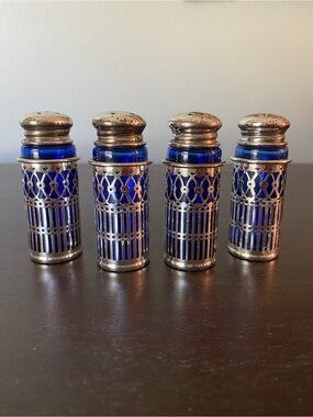 Vintage Blue Glass Salt & Pepper Shakers with Filigree Holders - Set of 4
